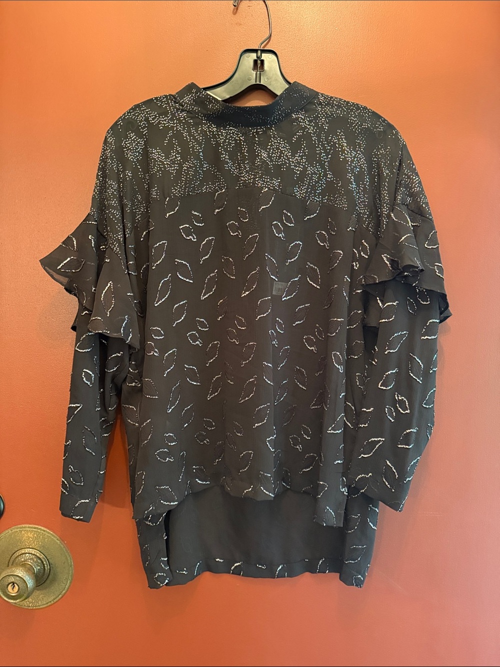 BCBG Max Azria Black Ruffle Sleeve Metallic Accent Women's Top